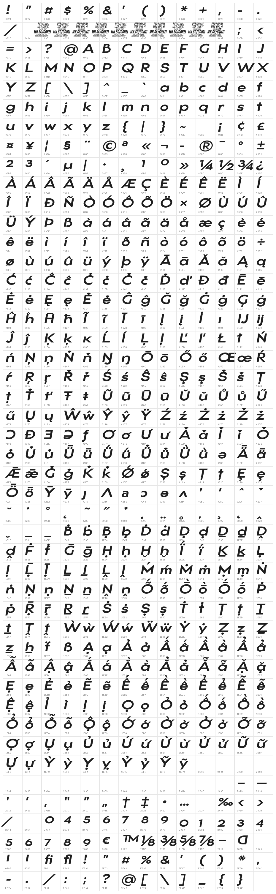 Gonzi Expanded PERSONAL USE Bold Italic Character Map
