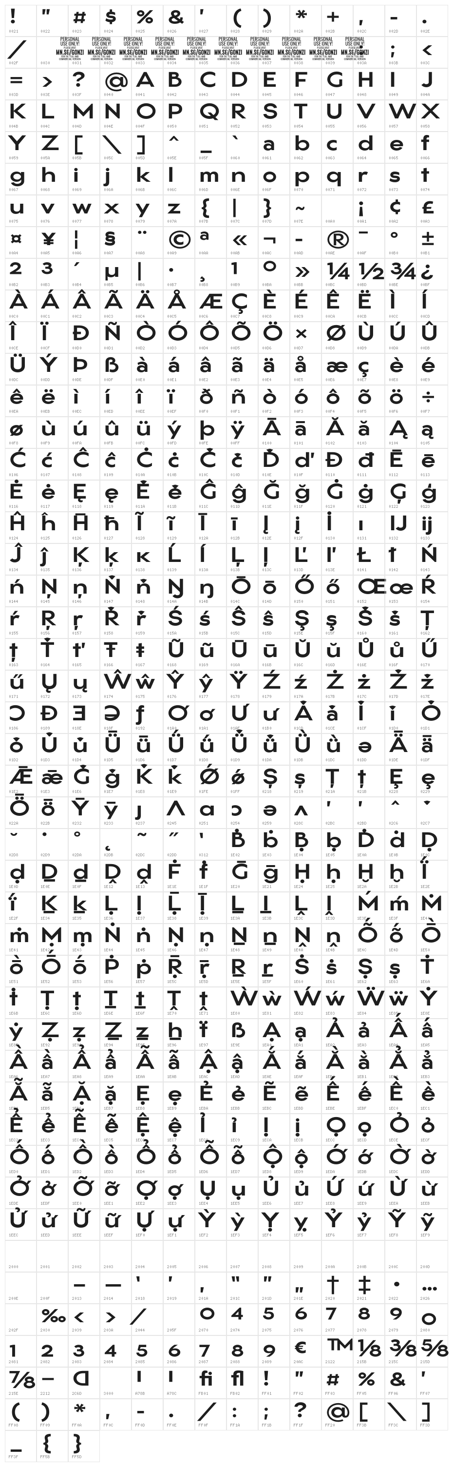 Gonzi Expanded PERSONAL USE Bold Character Map