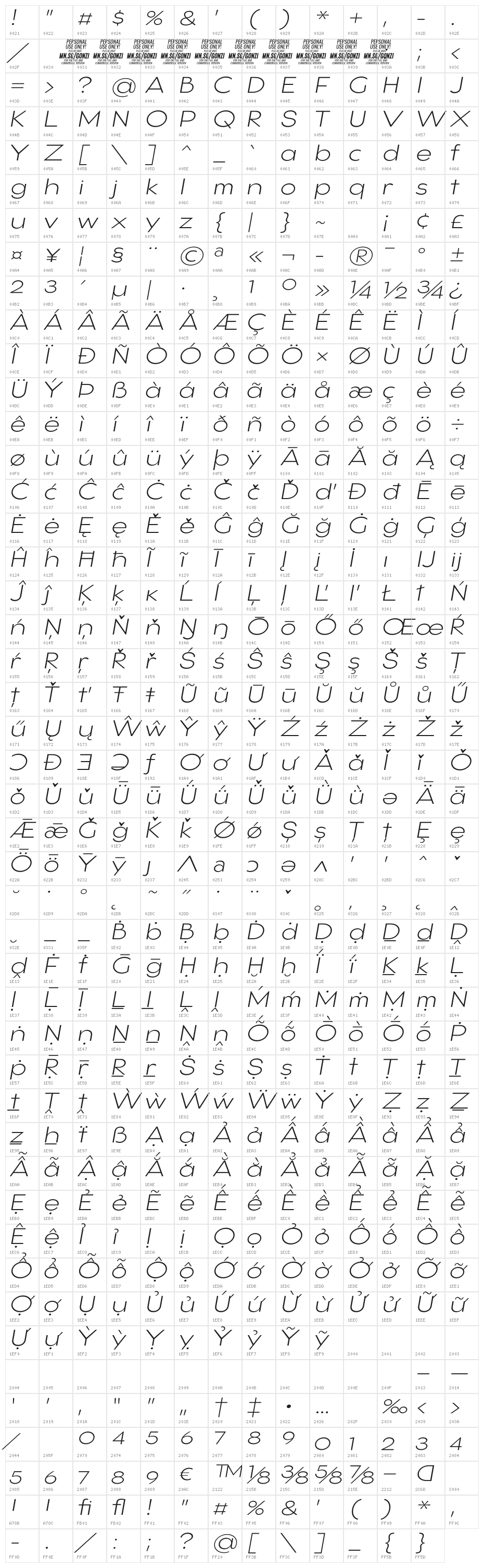Gonzi Expanded PERSONAL USE Light Italic Character Map