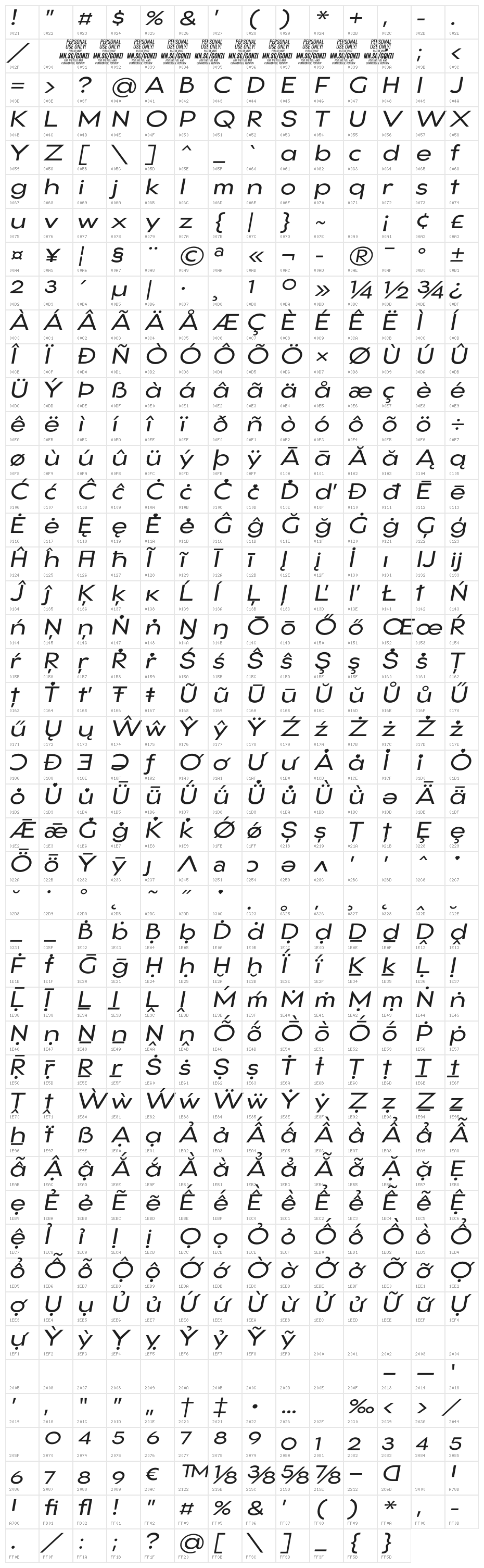 Gonzi Expanded PERSONAL USE Regular Italic Character Map