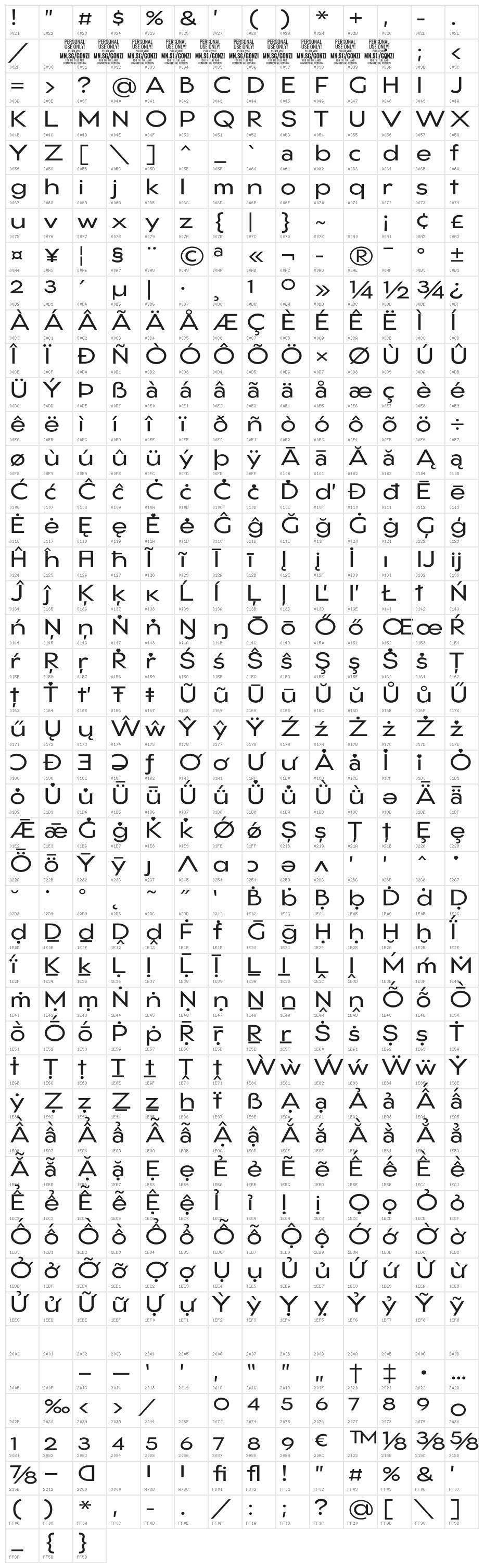 Gonzi Expanded PERSONAL USE Regular Character Map