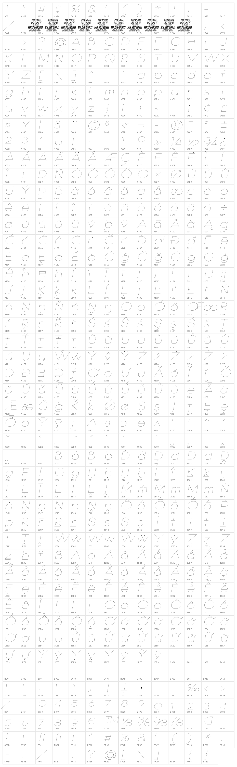 Gonzi Expanded PERSONAL USE Thin Italic Character Map