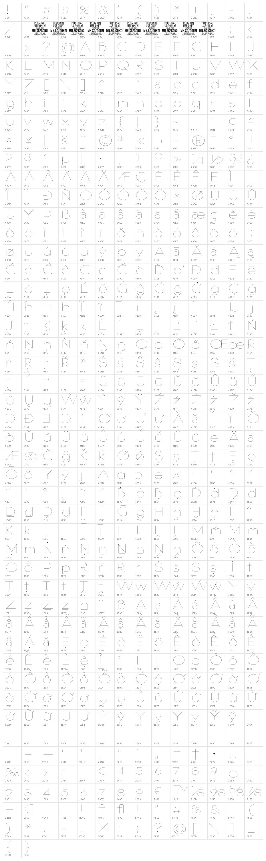 Gonzi Expanded PERSONAL USE Thin Character Map