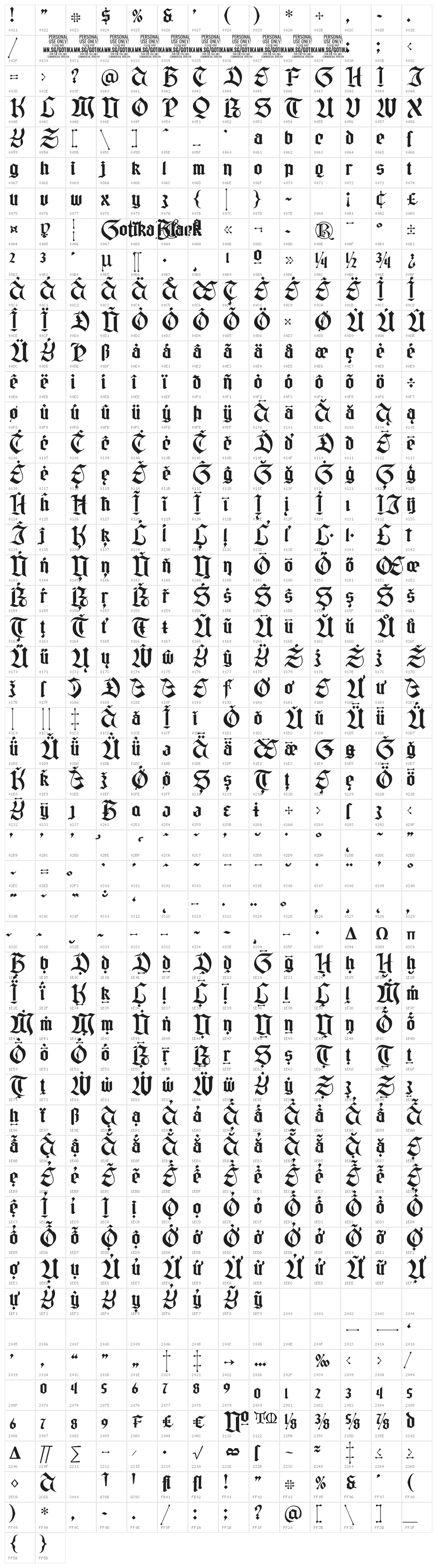 Gotika Black PERSONAL USE Regular Character Map