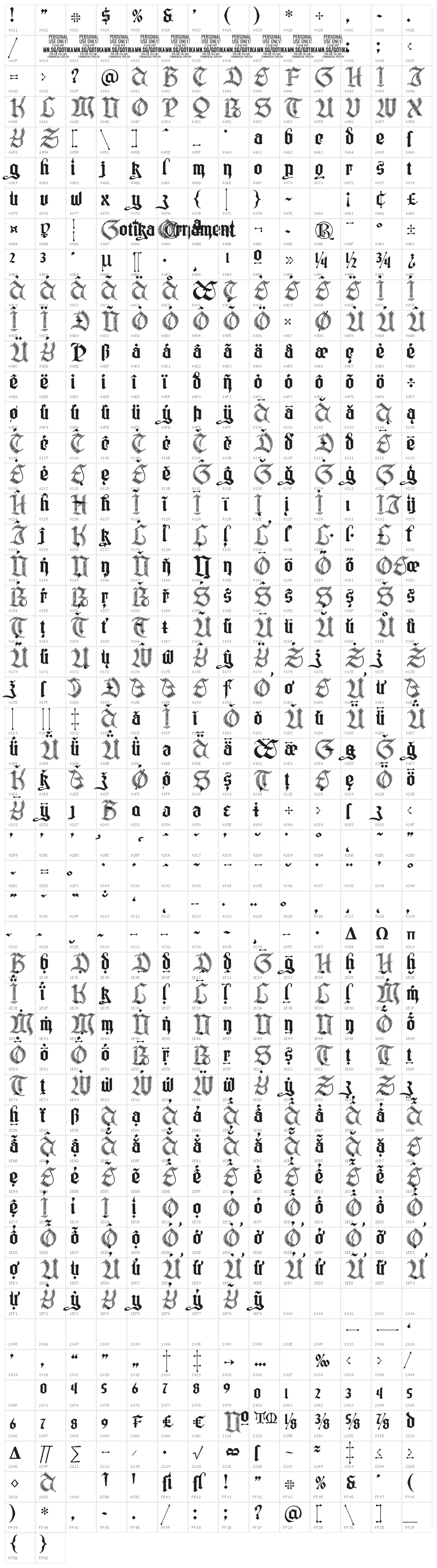 Gotika Ornament PERSONAL USE Regular Character Map