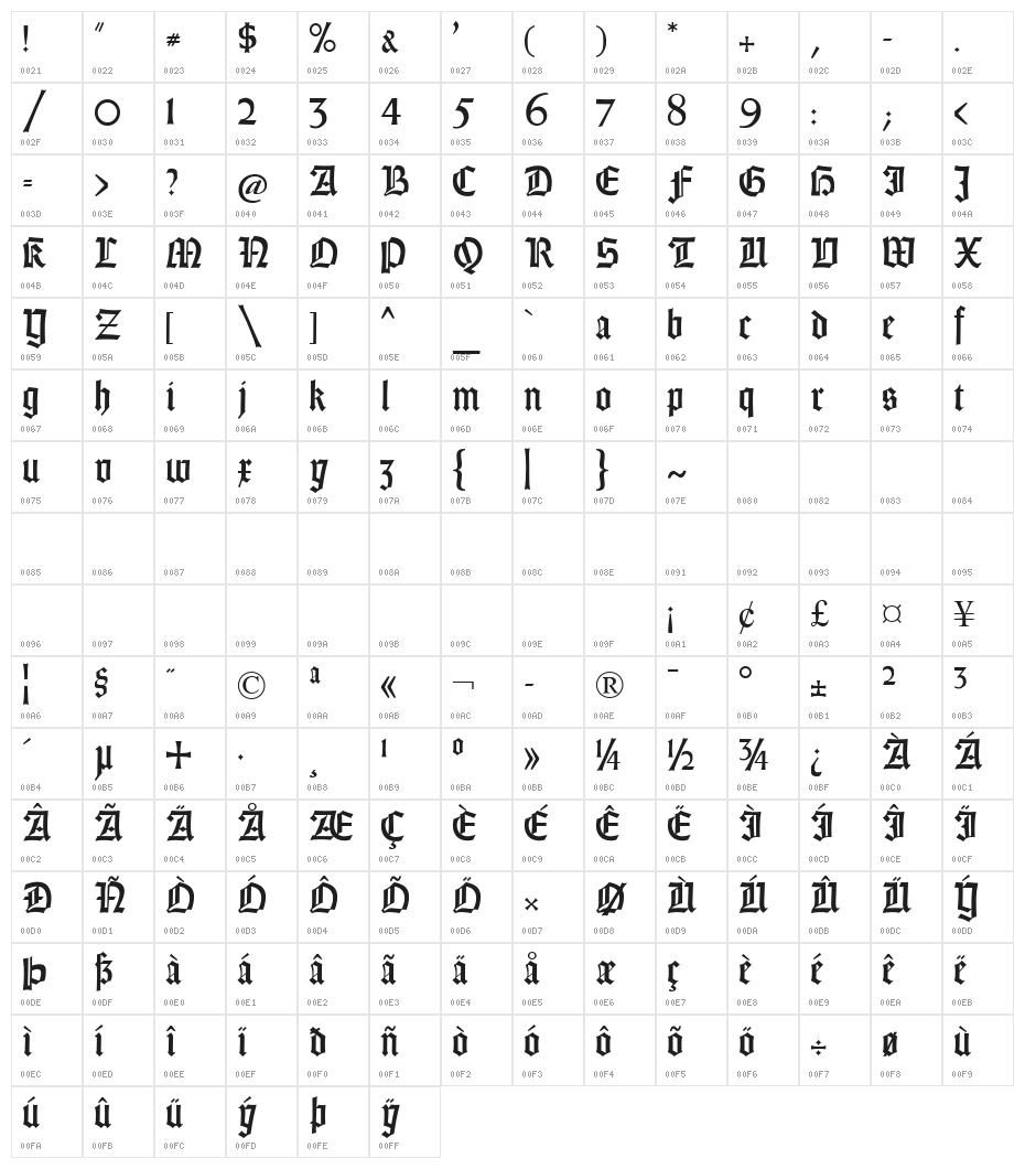Gotisch Weiss UNZ1A Character Map