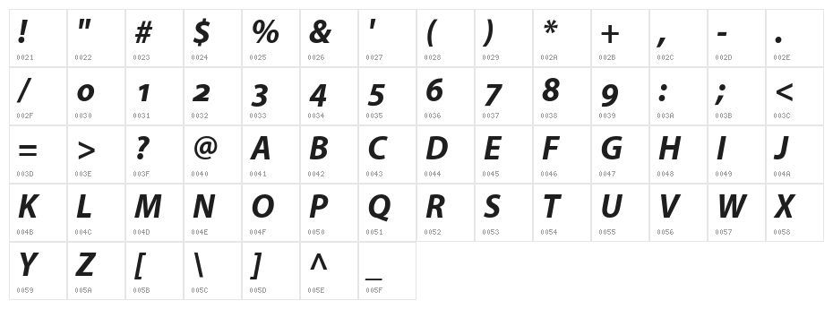 Grandesign Neue Roman Bold Italic Character Map