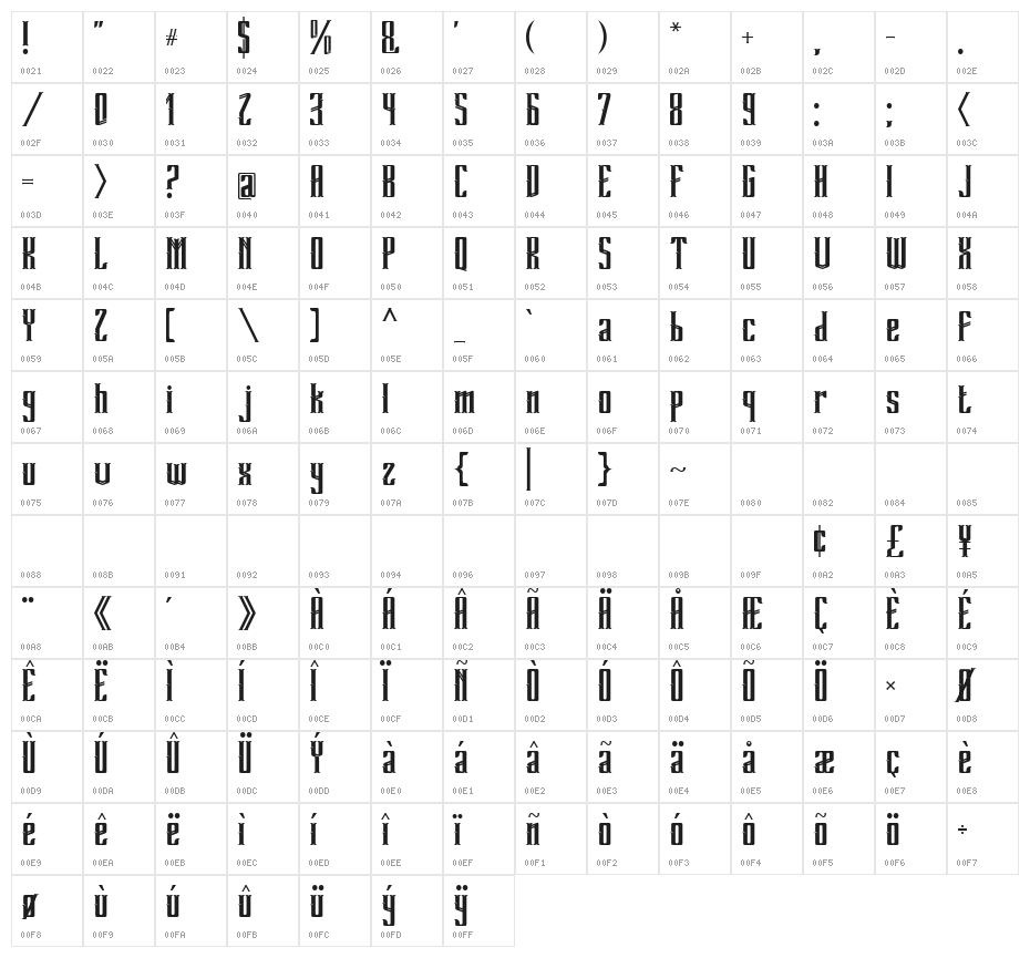 Grandeven-Regular Character Map