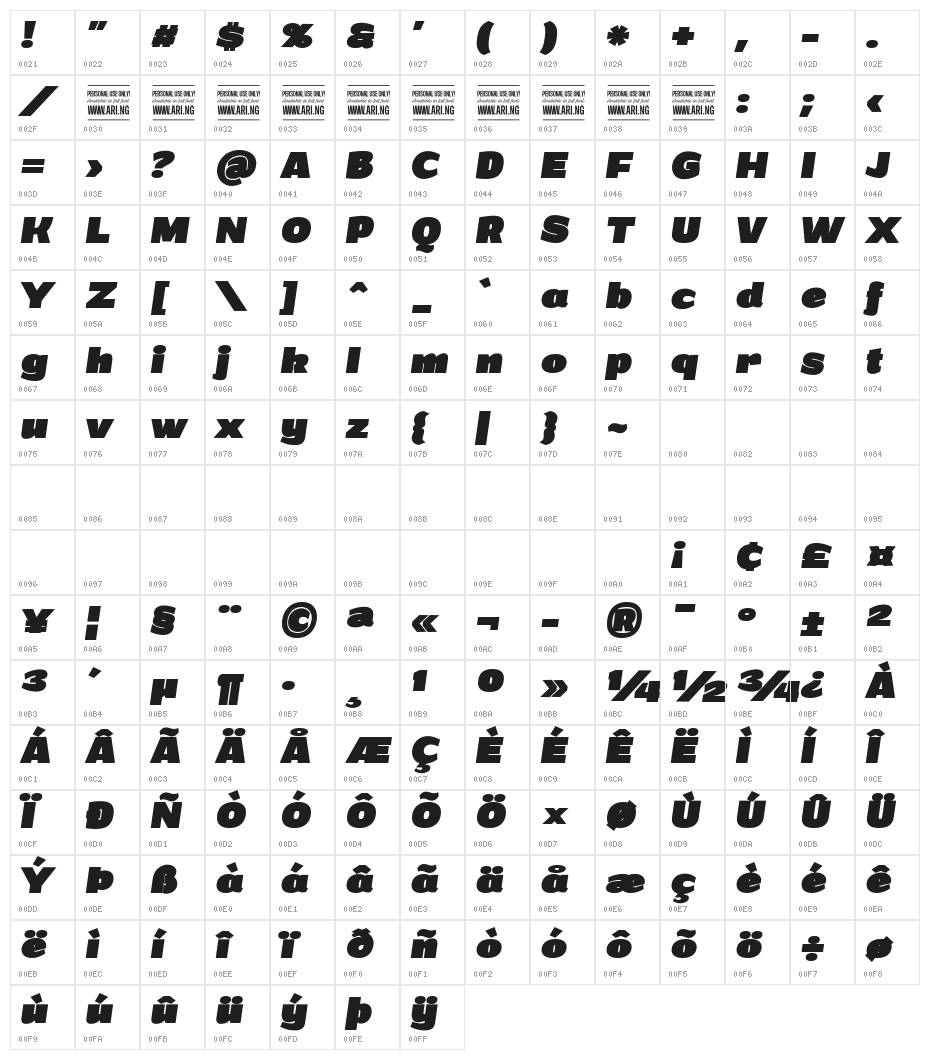 Grandi PERSONAL USE Black Italic Character Map