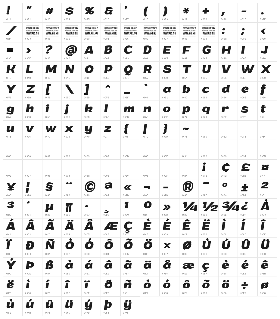 Grandi PERSONAL USE Bold Italic Character Map