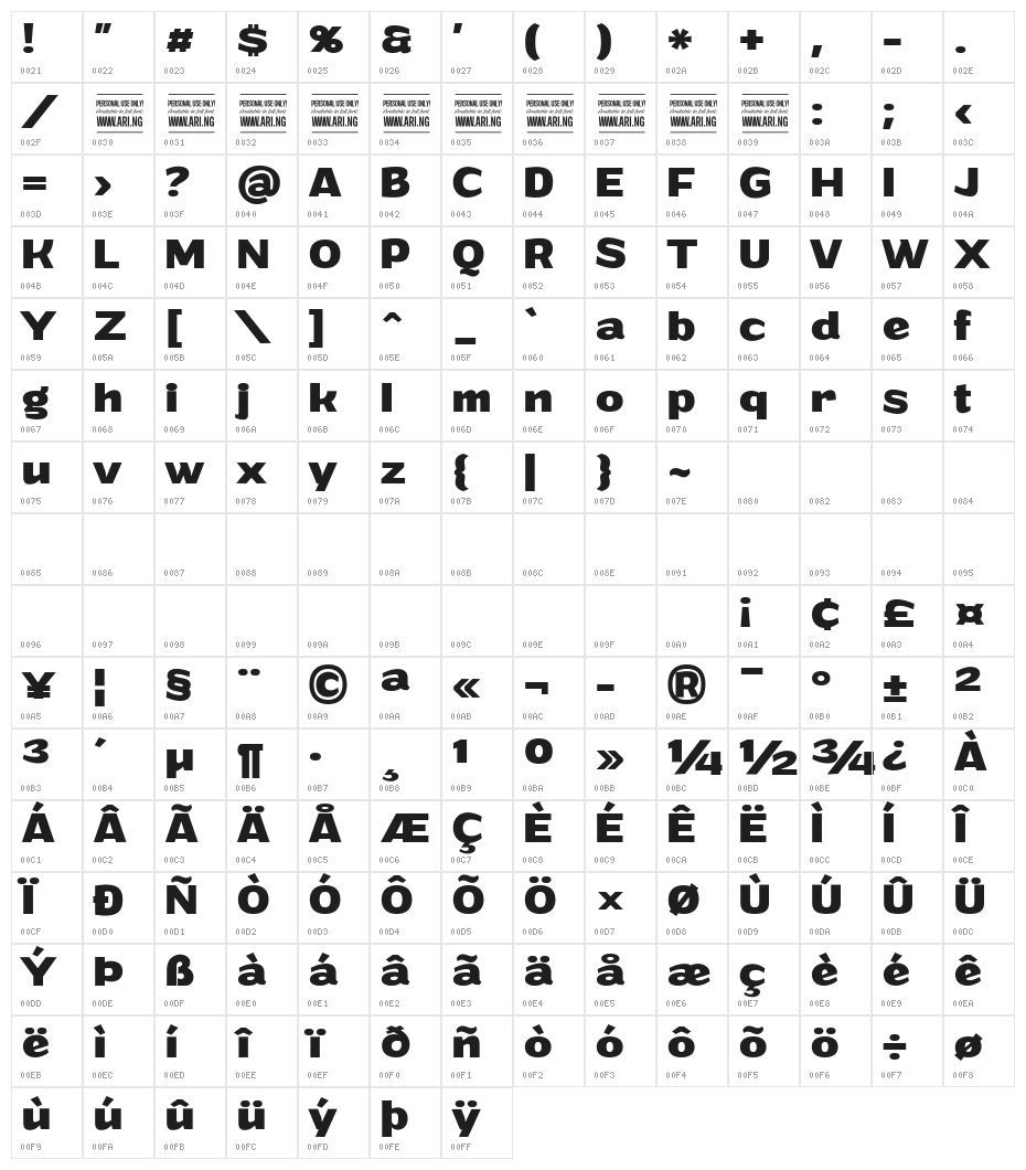 Grandi PERSONAL USE Bold Character Map