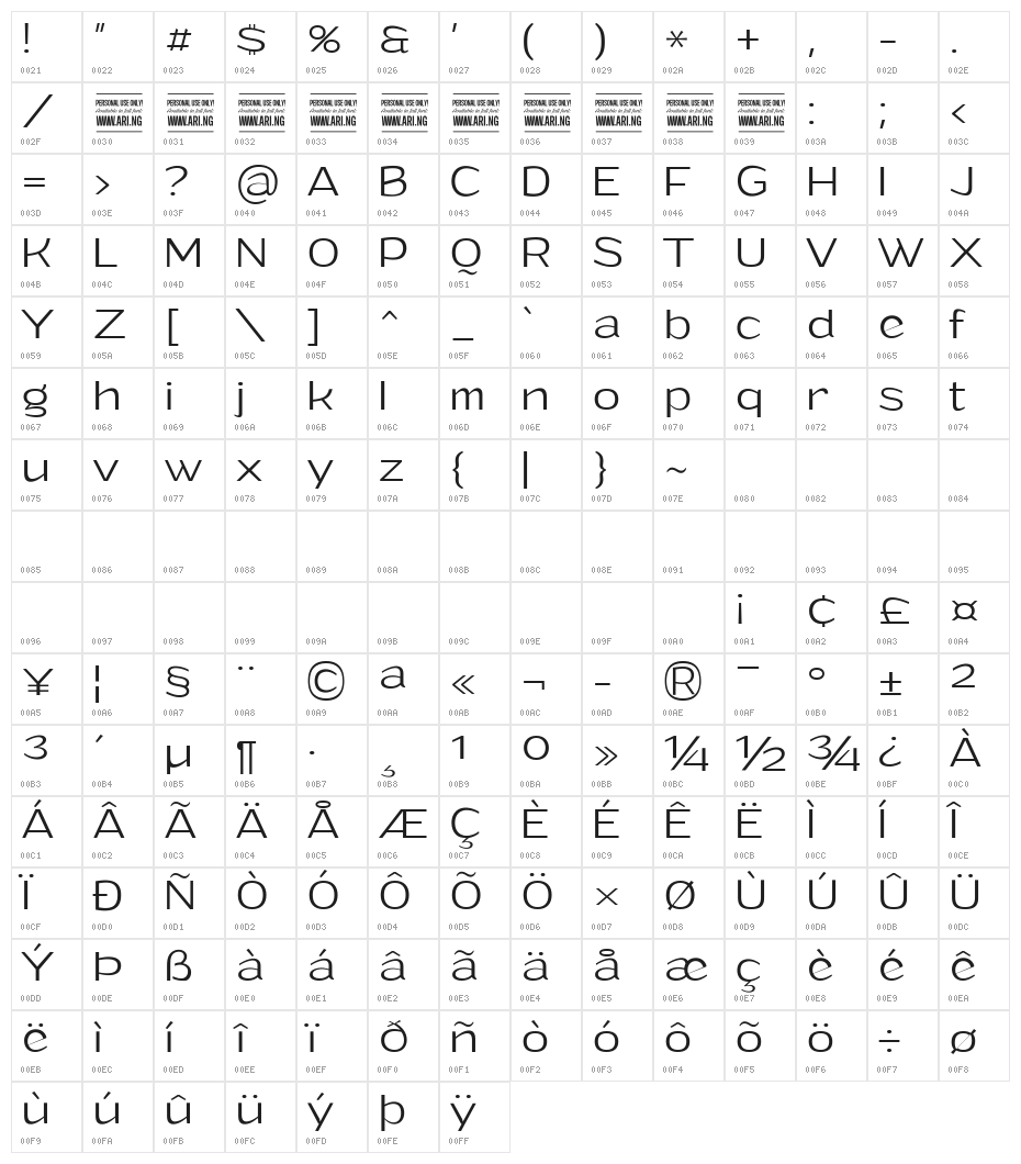Grandi PERSONAL USE Light Character Map