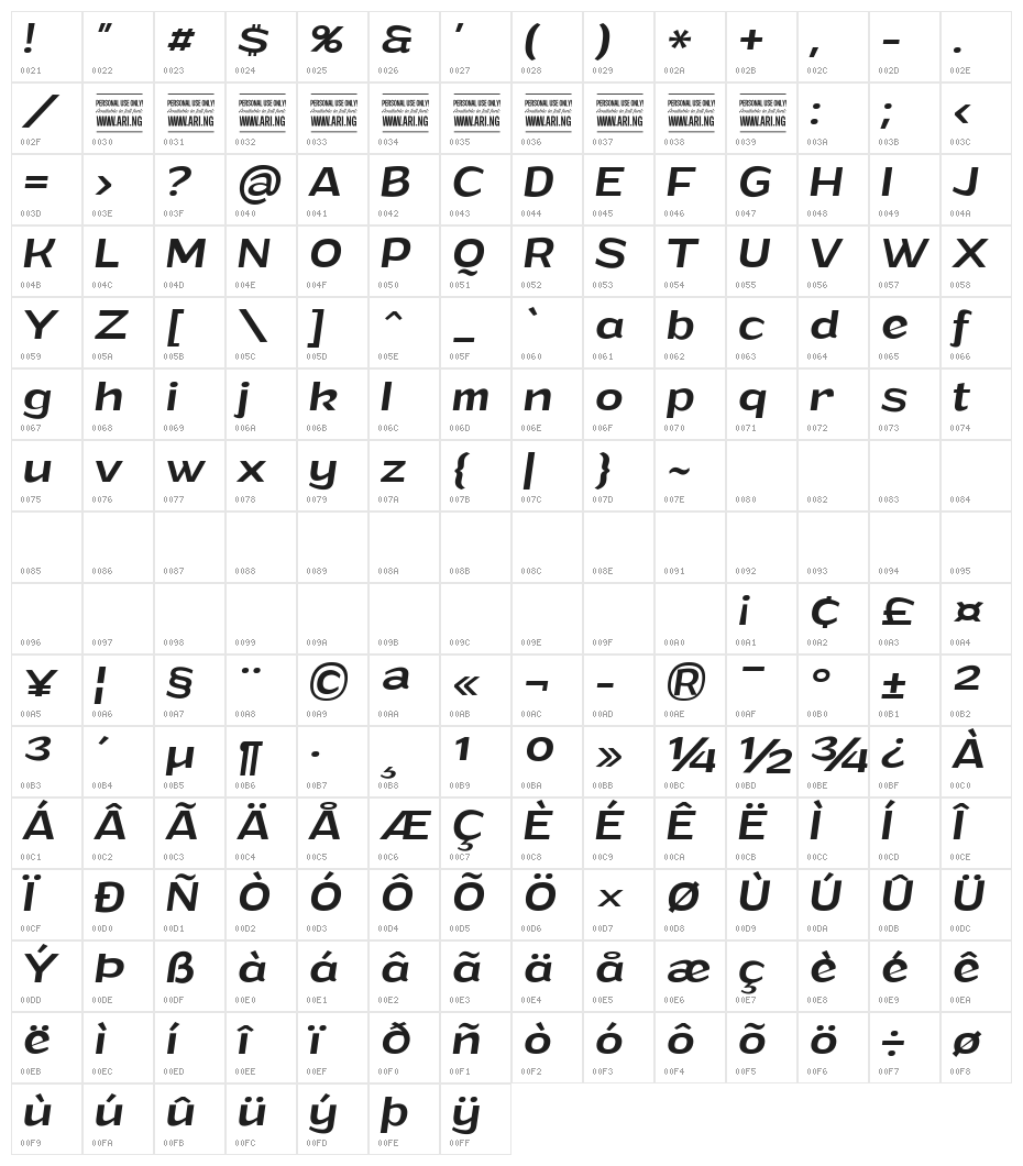 Grandi PERSONAL USE Medium Italic Character Map