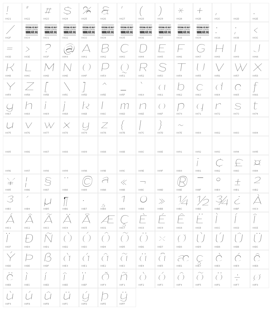 Grandi PERSONAL USE Thin Italic Character Map