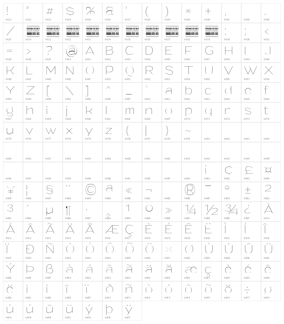 Grandi PERSONAL USE Thin Character Map
