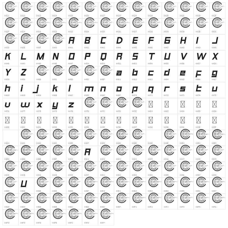 Grandness Demo Italic Character Map