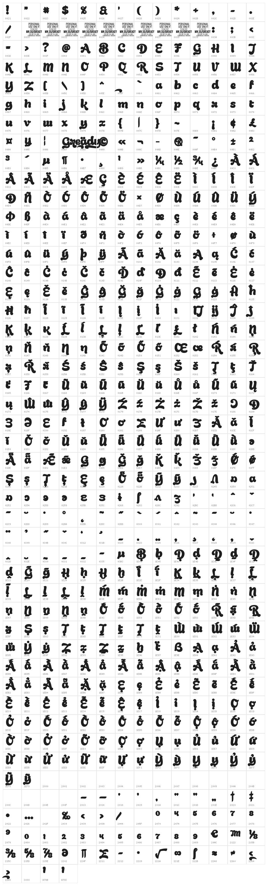 Gready PERSONAL USE ONLY Bold Character Map