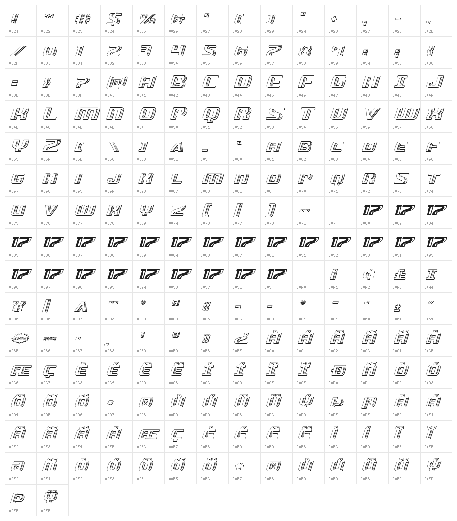 Grease Gun Chrome Italic Character Map