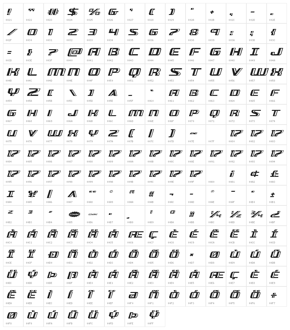 Grease Gun Expanded Italic Character Map