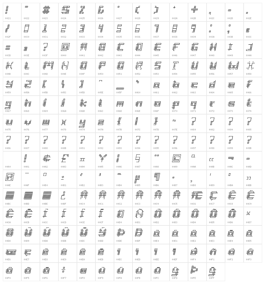Gridli Italic Character Map