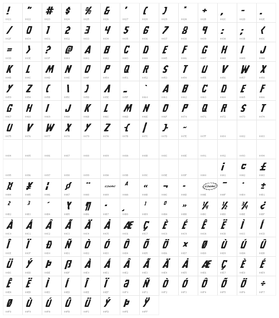 Grim Ghost Expanded Italic Character Map