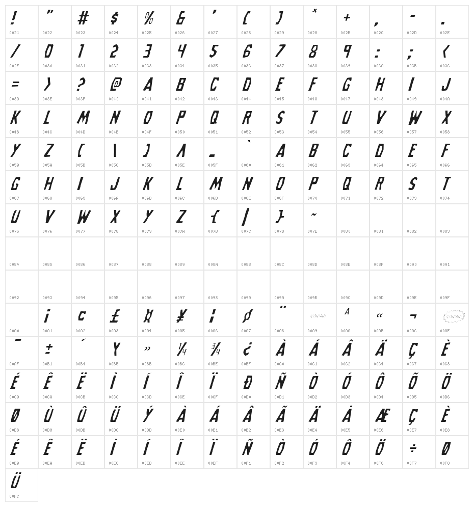 Grim Ghost Light Italic Character Map