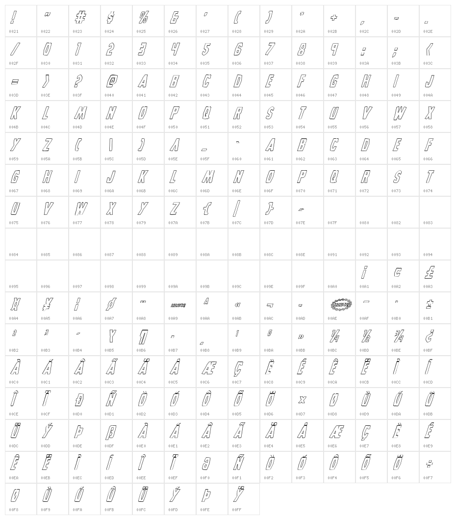 Grim Ghost Outline Italic Character Map