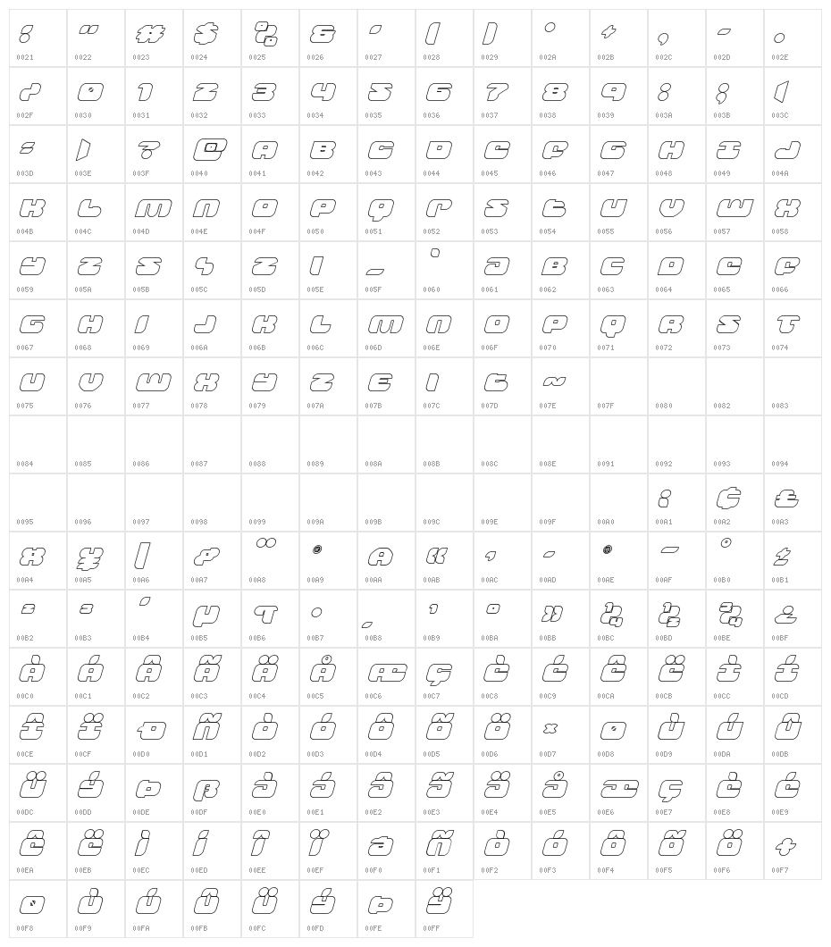Groovy Smoothie Outline Italic Character Map