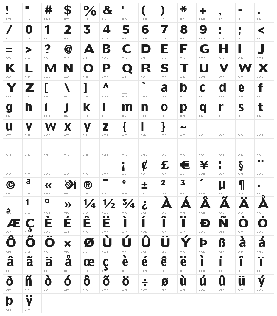 GrotesqueBoldTallX Character Map