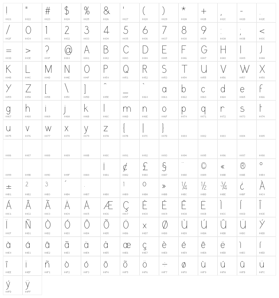 GrutchGrotesk Condensed Light Character Map