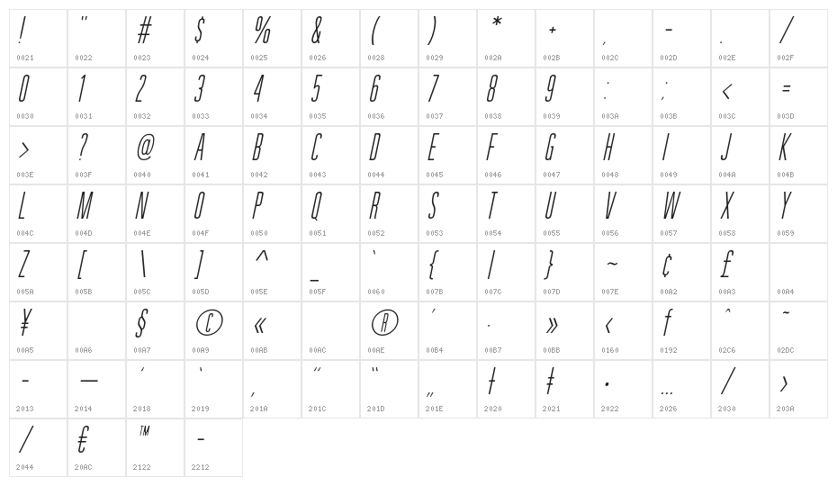 GuilderFree-LightItalic Character Map
