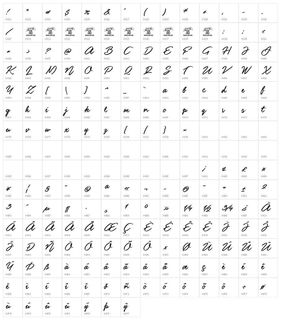 Guld Script PERSONAL USE ONLY Character Map