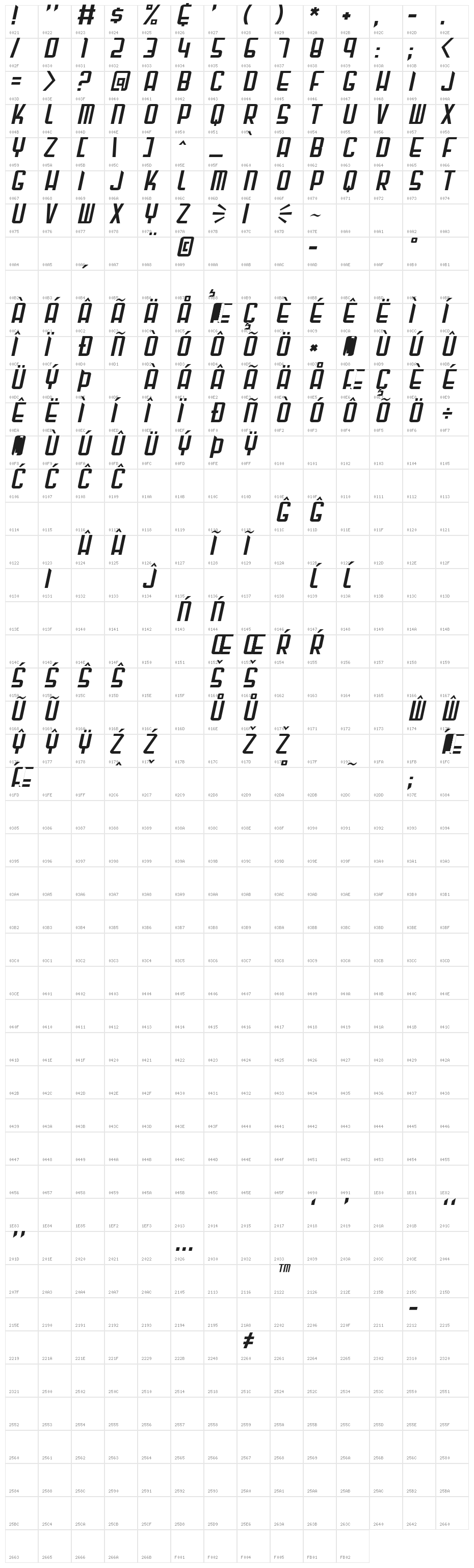 Gunblade Italic Character Map