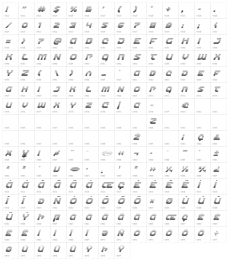 Gunner Storm Gradient Italic Character Map