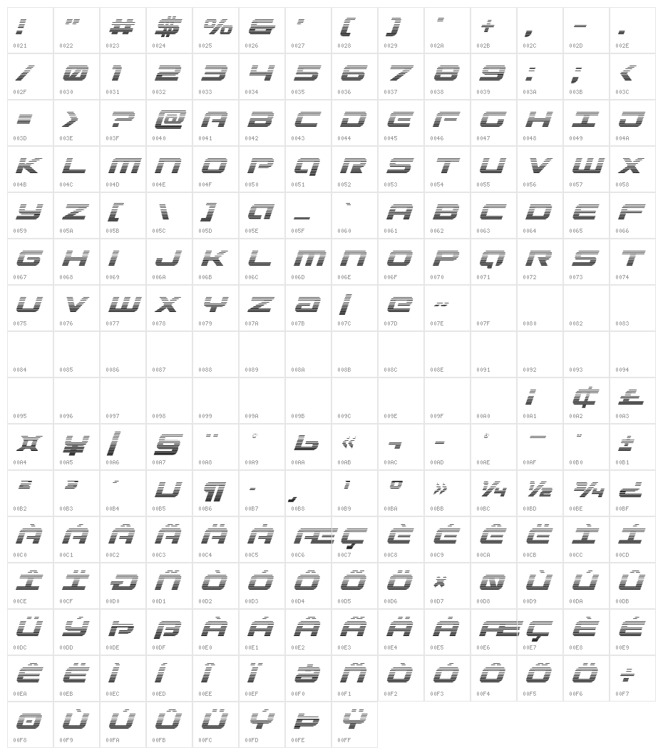 Gunship Gradient Italic Character Map