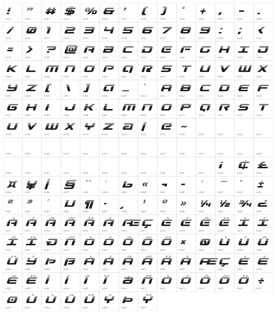 Gunship Halftone Italic Character Map