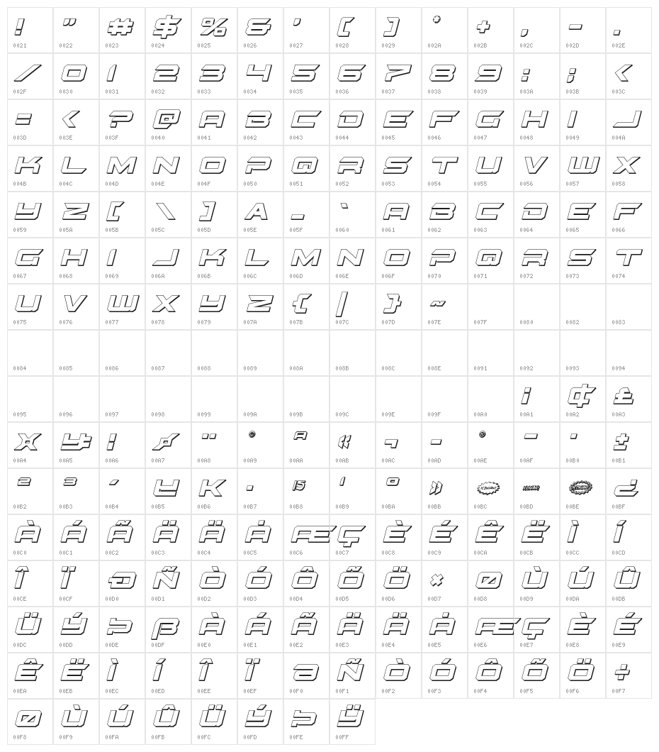 Gypsy Killer 3D Italic Character Map