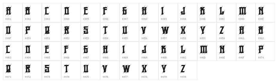 H74 Prick Regular Character Map