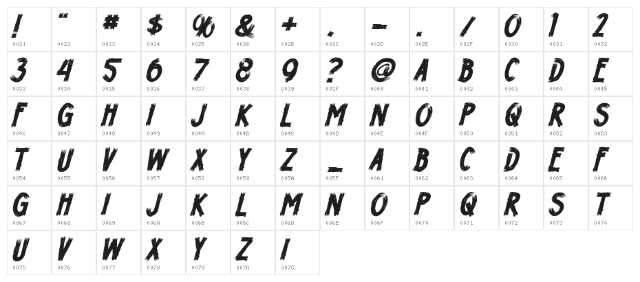 H74 Wizard Tit Italic Character Map