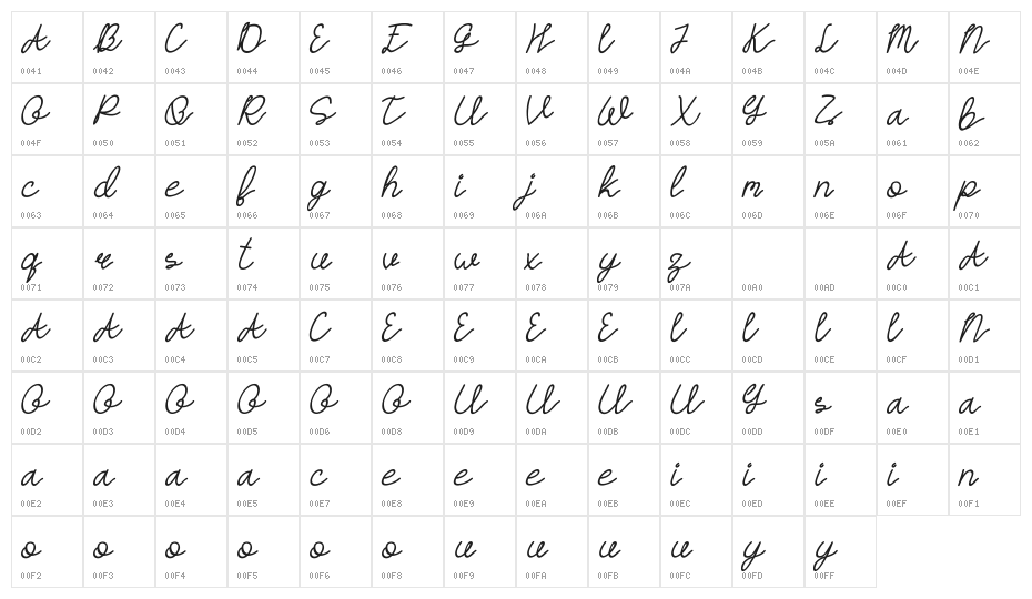 HASTON DEMO Script Character Map