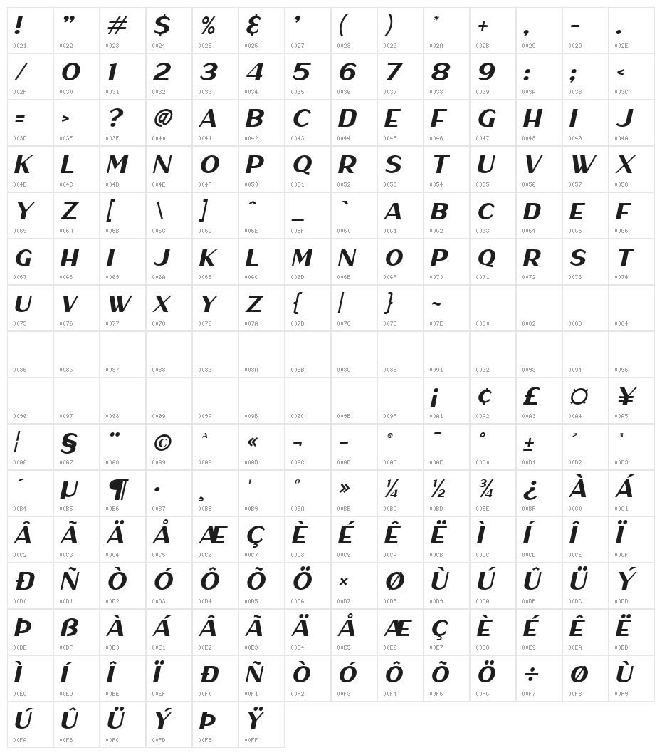 Haarlem Sans Italic Character Map