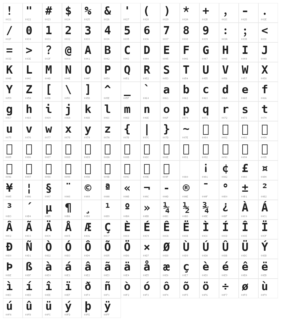 Hack Bold Character Map