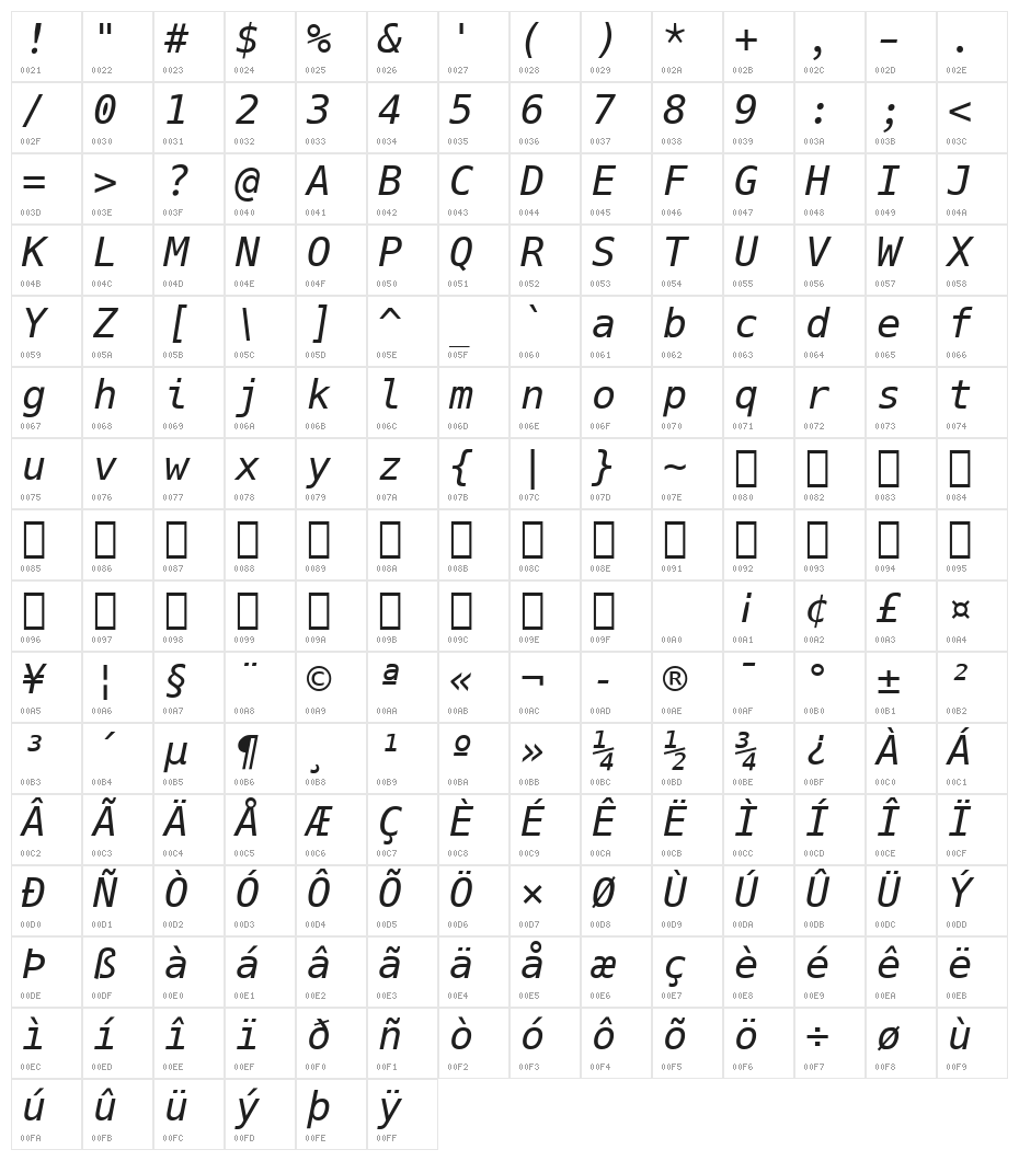Hack Oblique Character Map