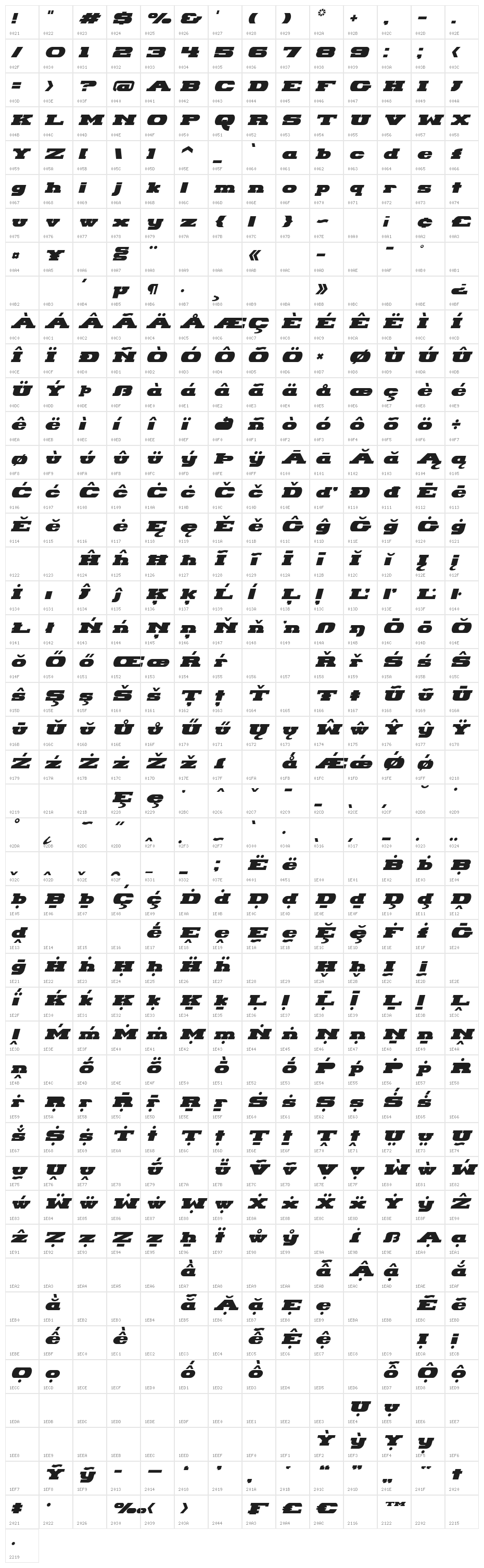 Hackney Block Italic Character Map