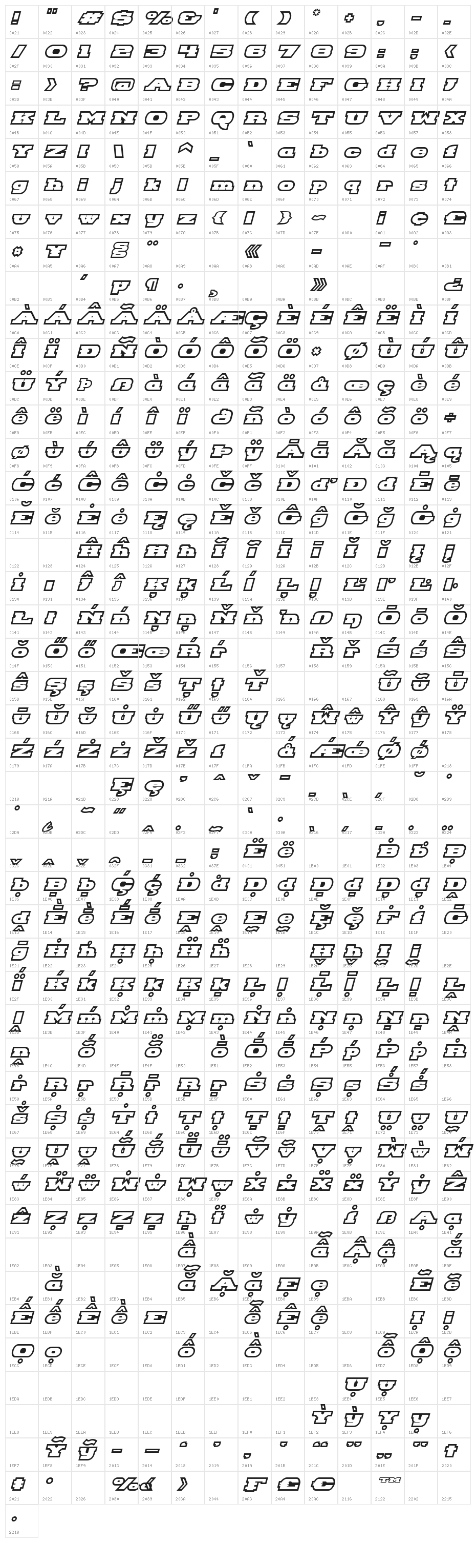 Hackney Block Outline Italic Character Map