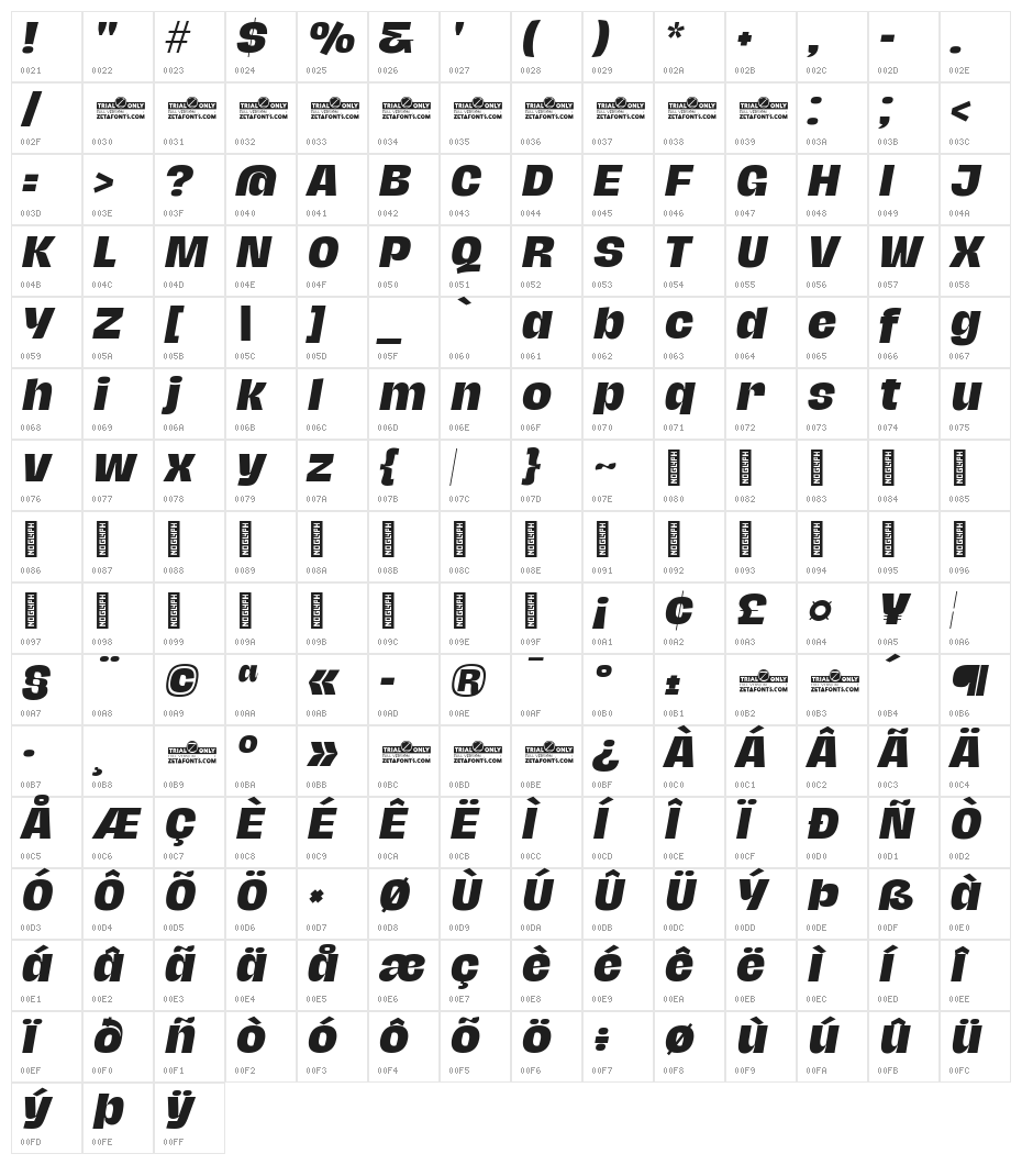 Hagrid Text Trial Extrabold Italic Character Map