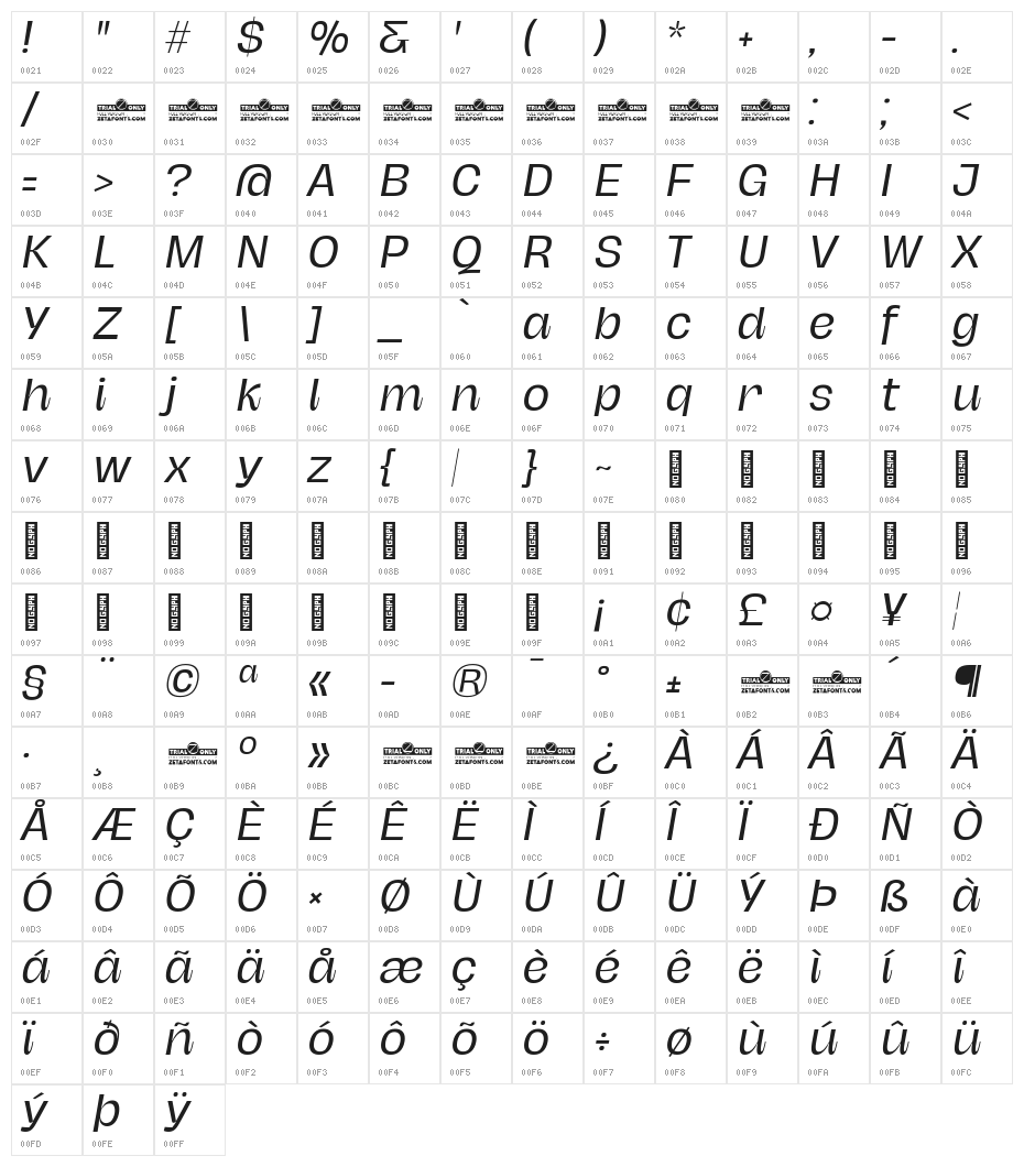 Hagrid Trial Italic Character Map