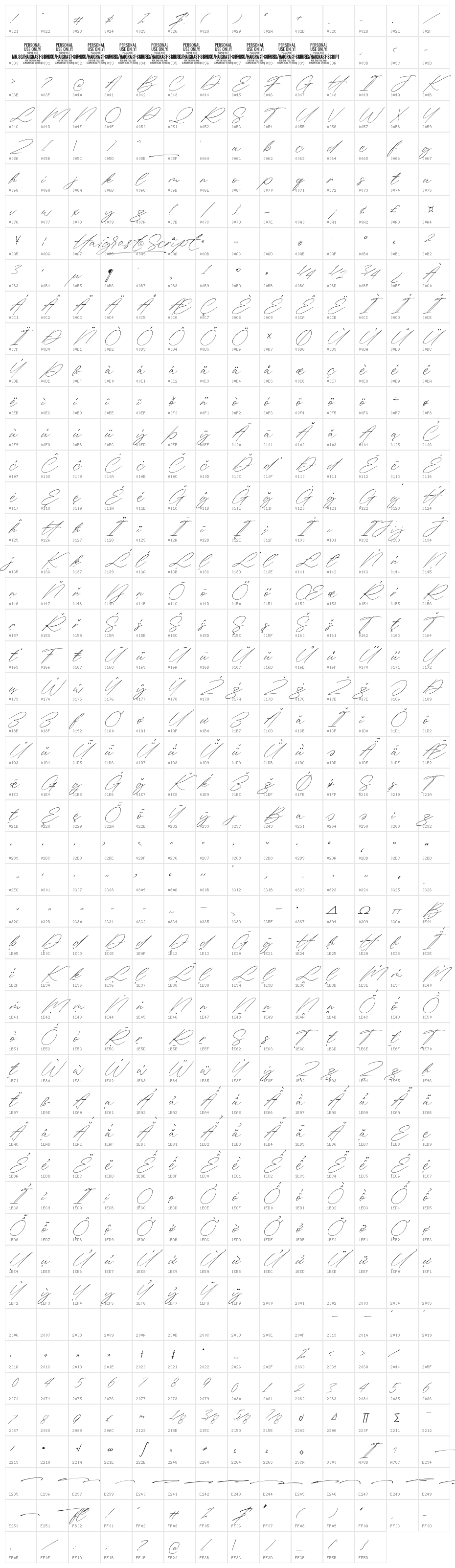 Haigrast Script PERSONAL USE Regular Character Map