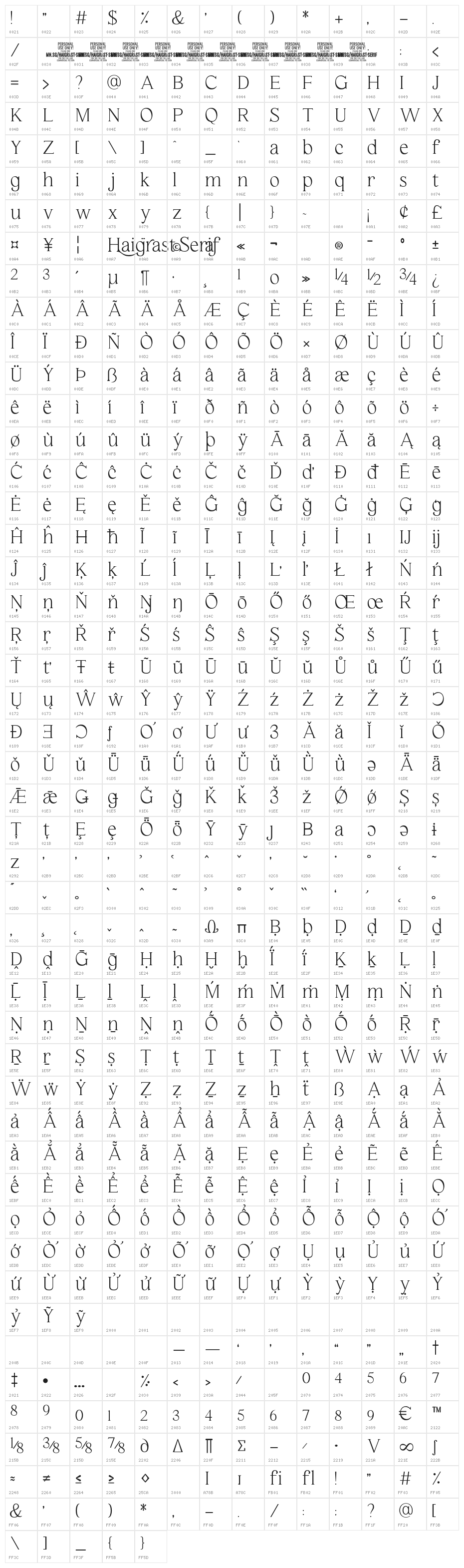 Haigrast Serif PERSONAL USE Regular Character Map