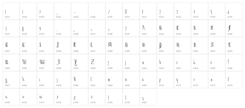 Hairline Quadrata Character Map